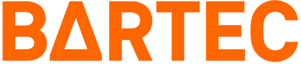 Bartec logo white background orange font